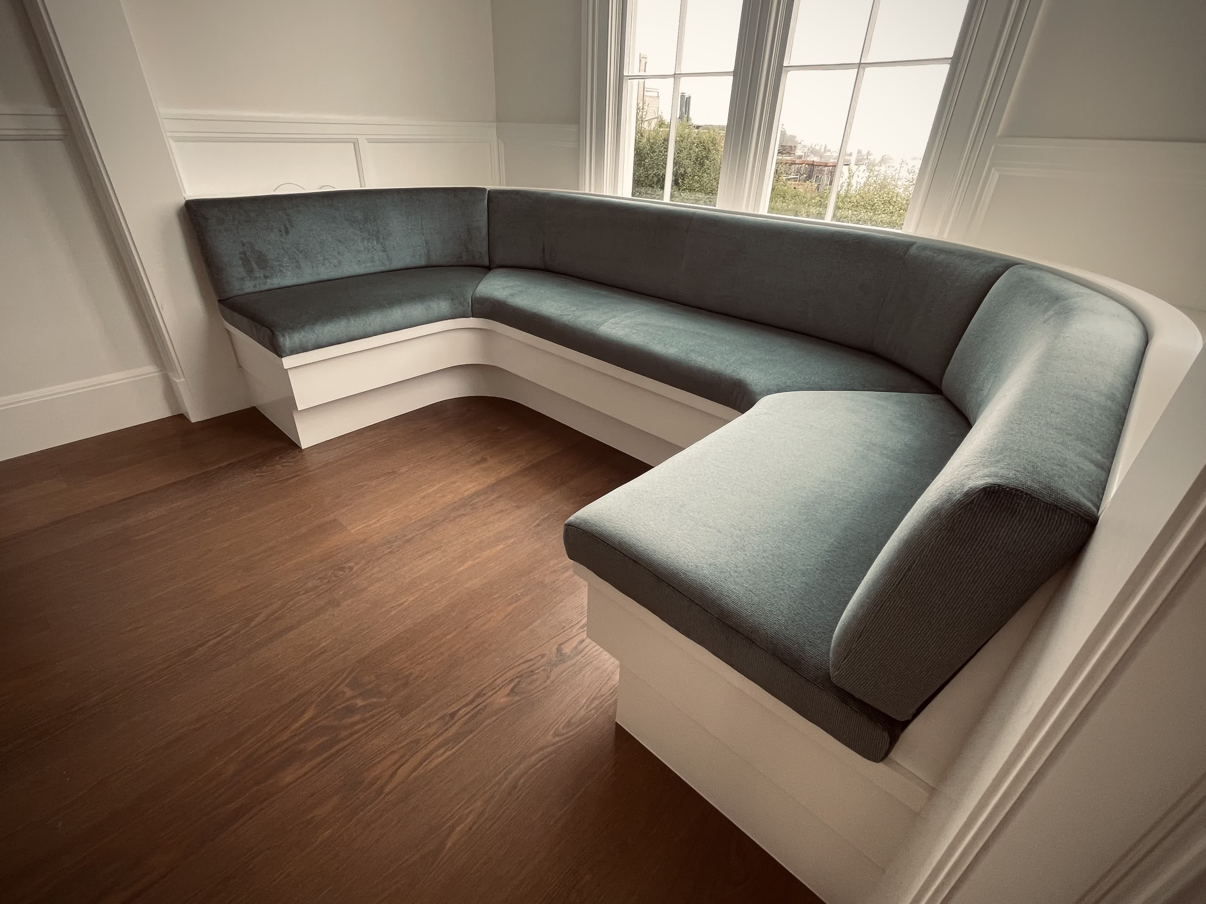 Blue-gray window banquette